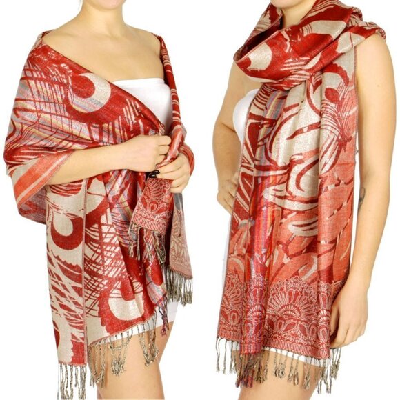 NWT Gorgeous Reversible Peacock's Feather Fringed Pashmina Shawl Evening Wrap - Picture 1 of 8